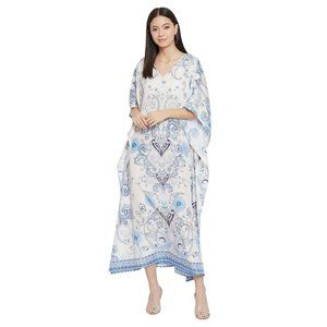 Women's White Floral Caftan Beach Cover Up Full Length Maxi Gown